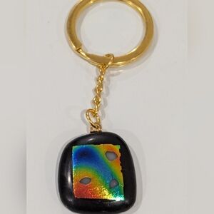 Rainbow Hand crafted artisan bag charm or key chain with Dichroic glass.